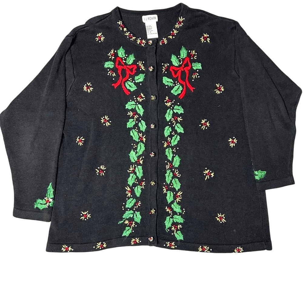 Vintage VJ Woman Black Embroidered Holly Christmas‎ Cardigan Sweater Size 1X